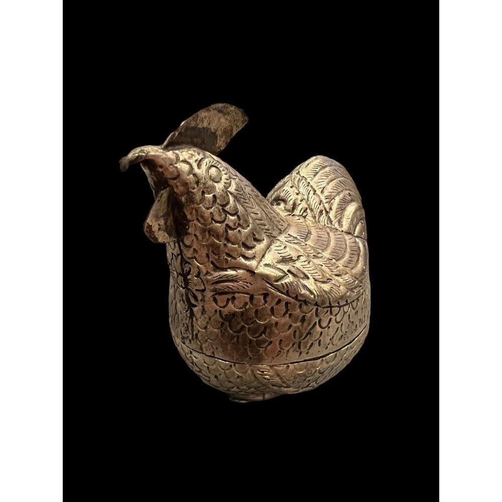 Vintage Silver Plated‎ Betel Small Hen/Rooster Shaped Engraved Nut/Lime Box
